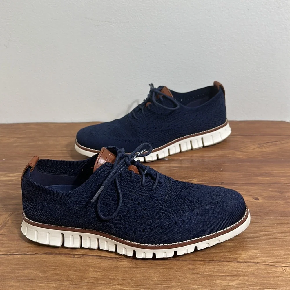 Cole Haan Navy Knit Wingtip Sneakers with Brown Accents - Picture 6 of 10